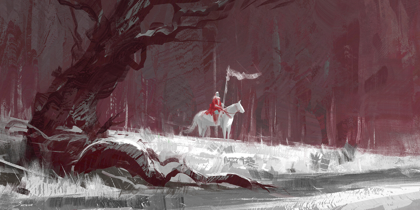 A lone knight in crimson armor on a white horse, carrying a white banner, journeys through a stark, snow-dusted, reddish forest.