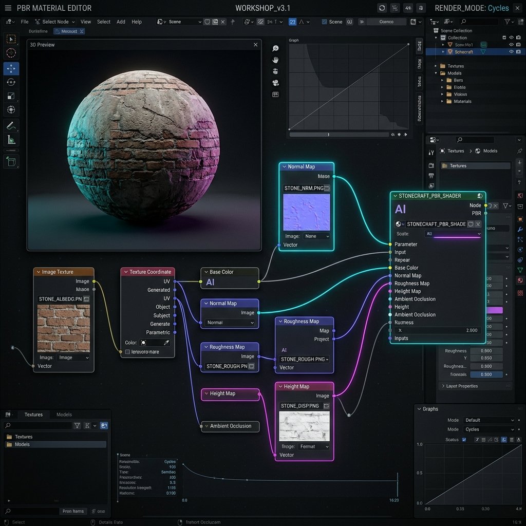 PBR material editor shows a 3D sphere with realistic brick & stone texture, illuminated. Node graph connects texture maps.